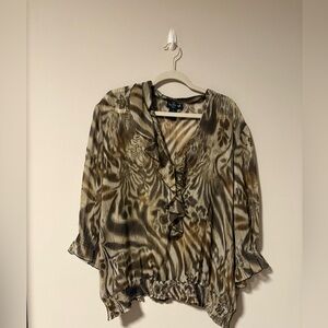 Ivy Chic Women Tan Black Multicolor Abstract Animal Print Blouse